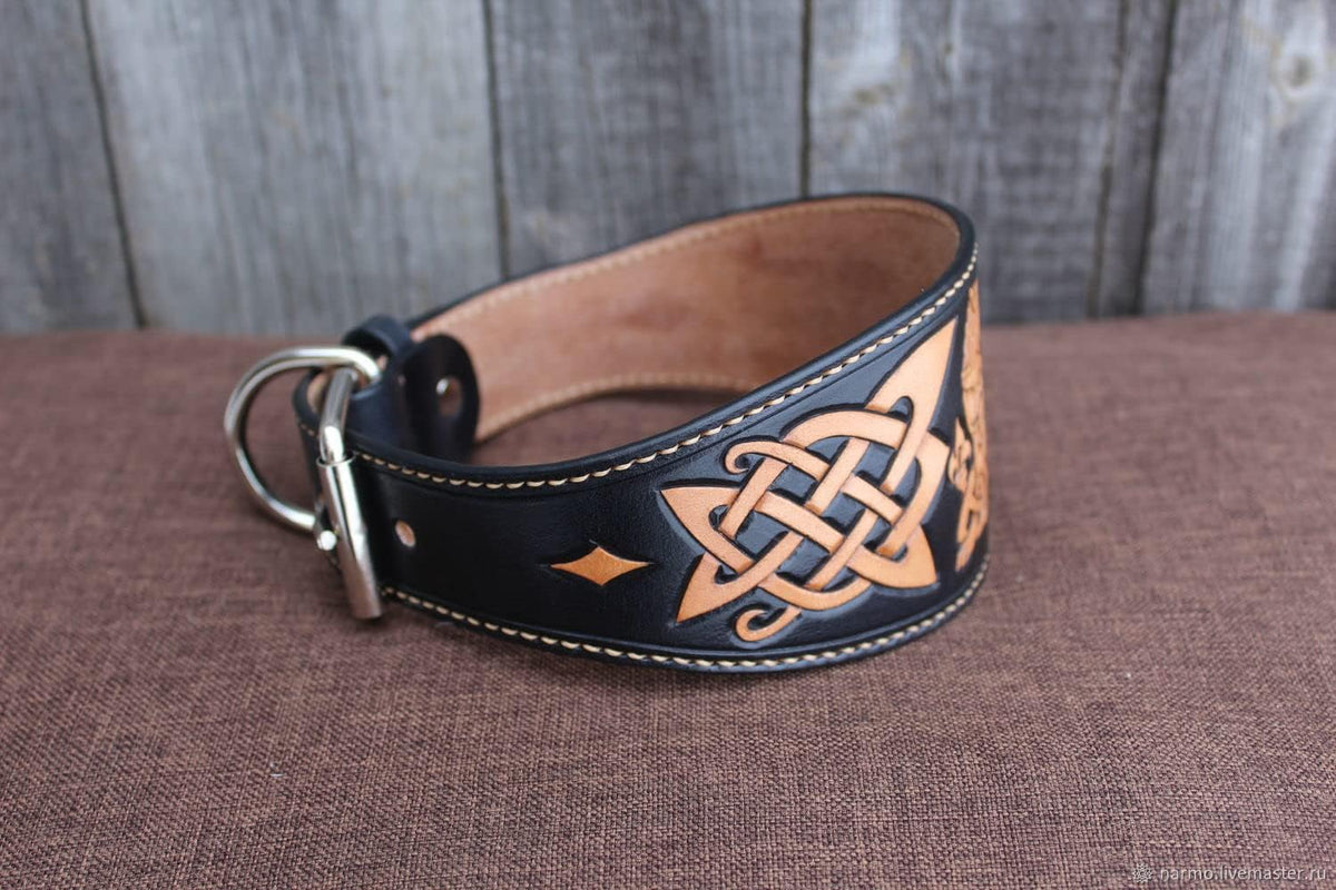 Hand-tooled leather dog collar with painted Celtic knot pattern