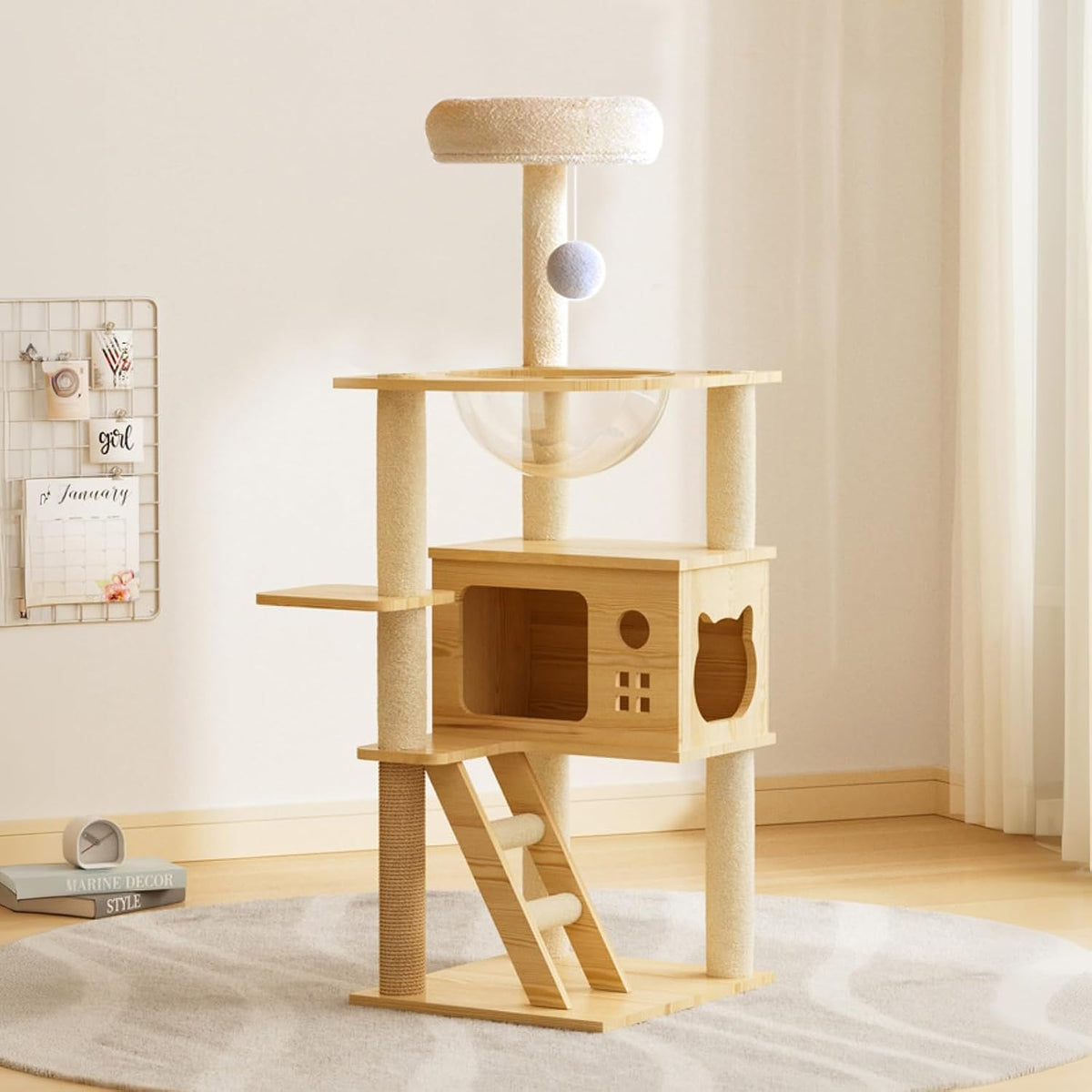 Floor-to-ceiling wooden cat tower with sisal posts, condo cave and top perch – view 4
