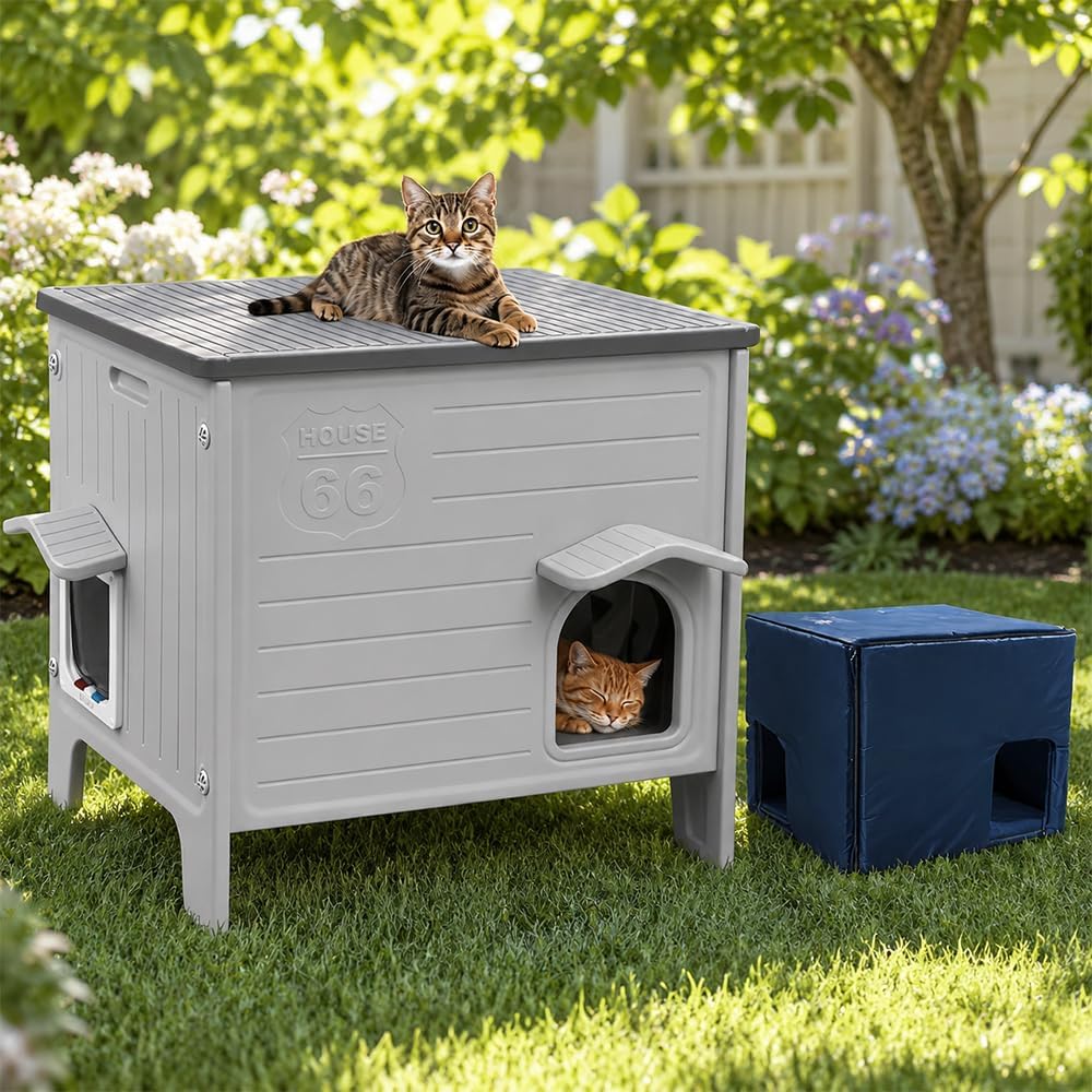 Grey elevated waterproof cat house with escape door and insulated liner