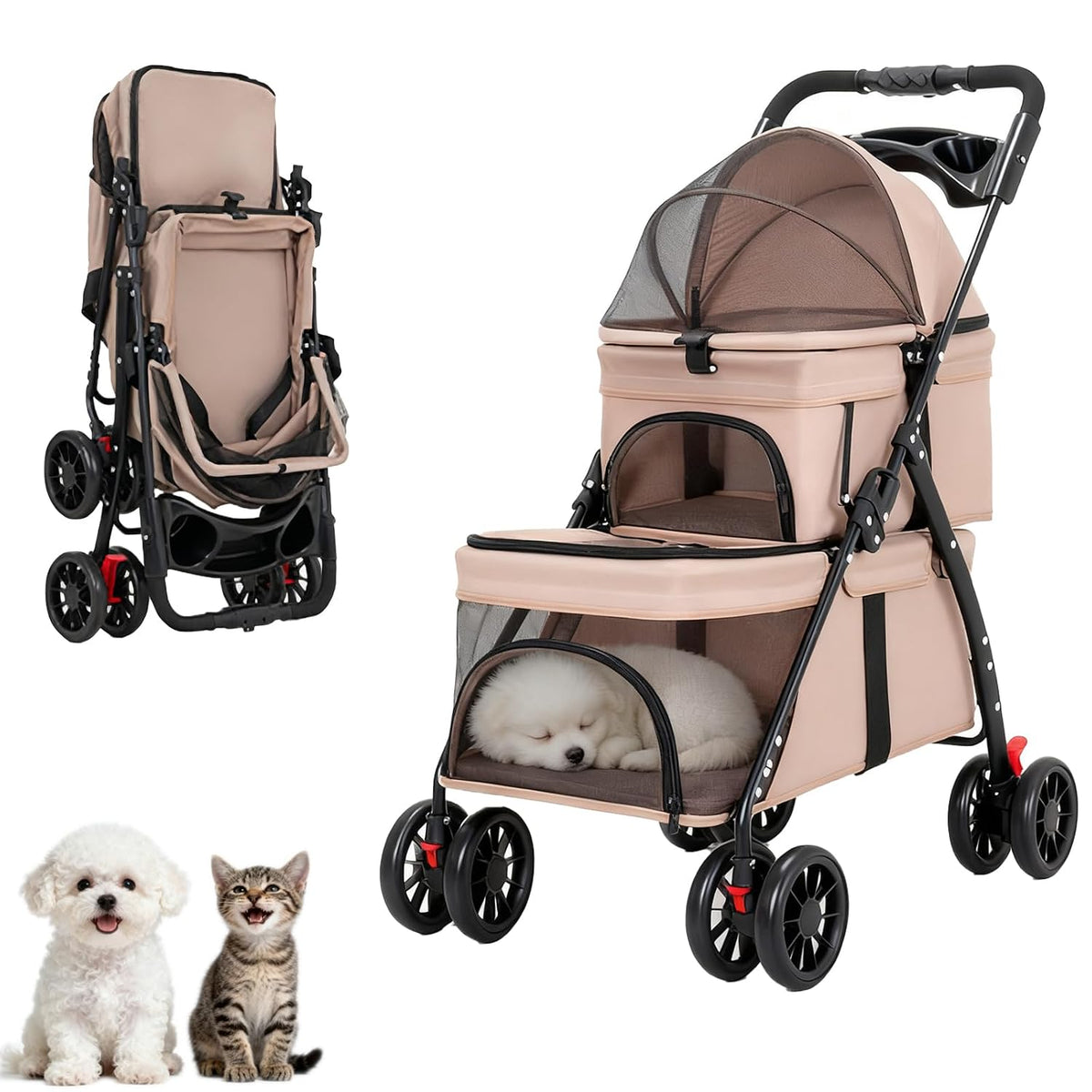 Black two-level foldable pet stroller with upper and lower compartments – view 3