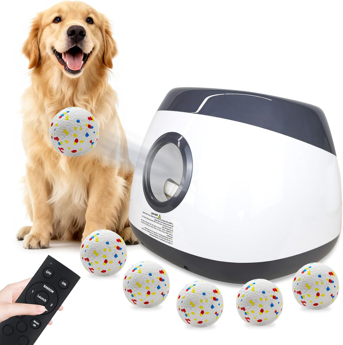 Silver grey automatic dog ball launcher with remote and ETPU balls