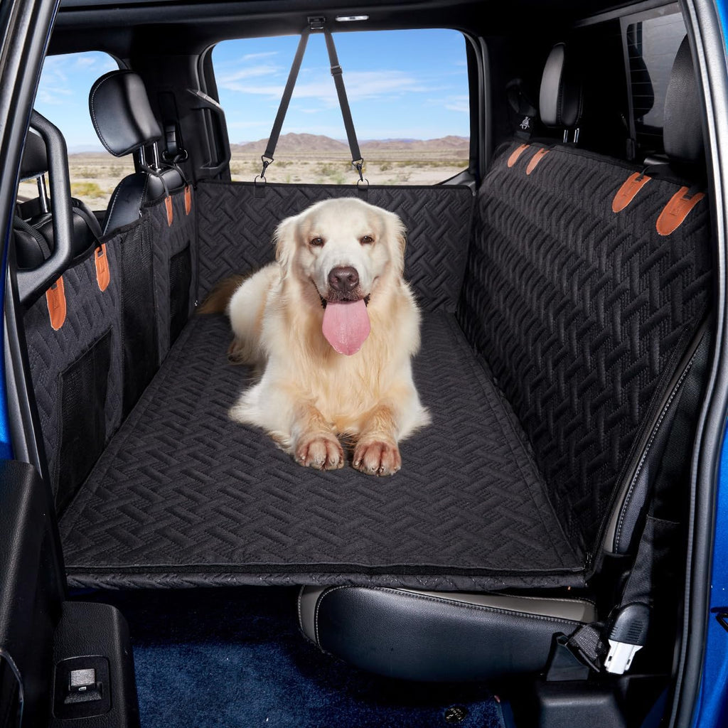 Grey leather hard-bottom dog seat extender in a truck back seat – view 2