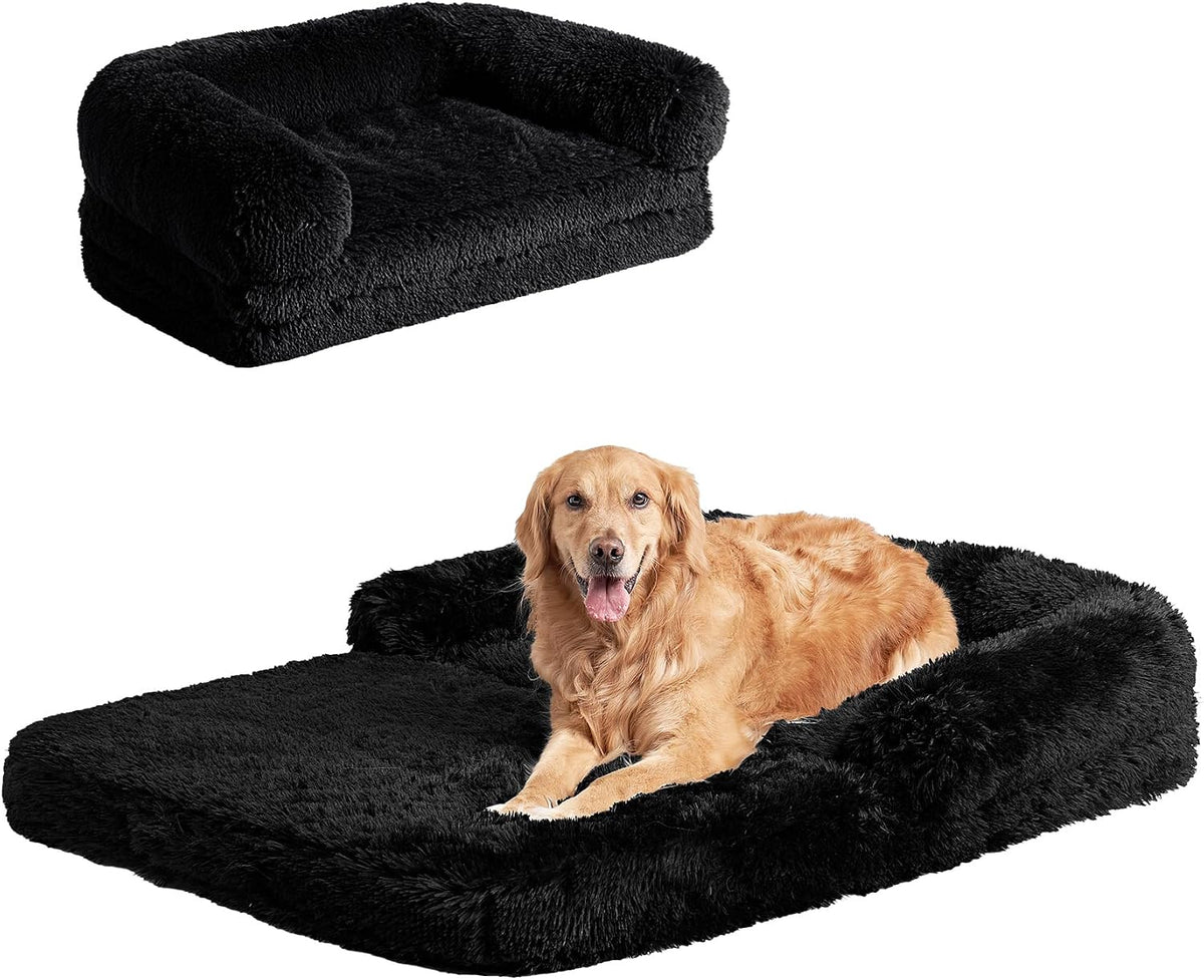Camel faux fur human size dog bed on a living room floor – view 4