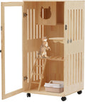 Tall pine wood cat house on wheels with clear door and LED light