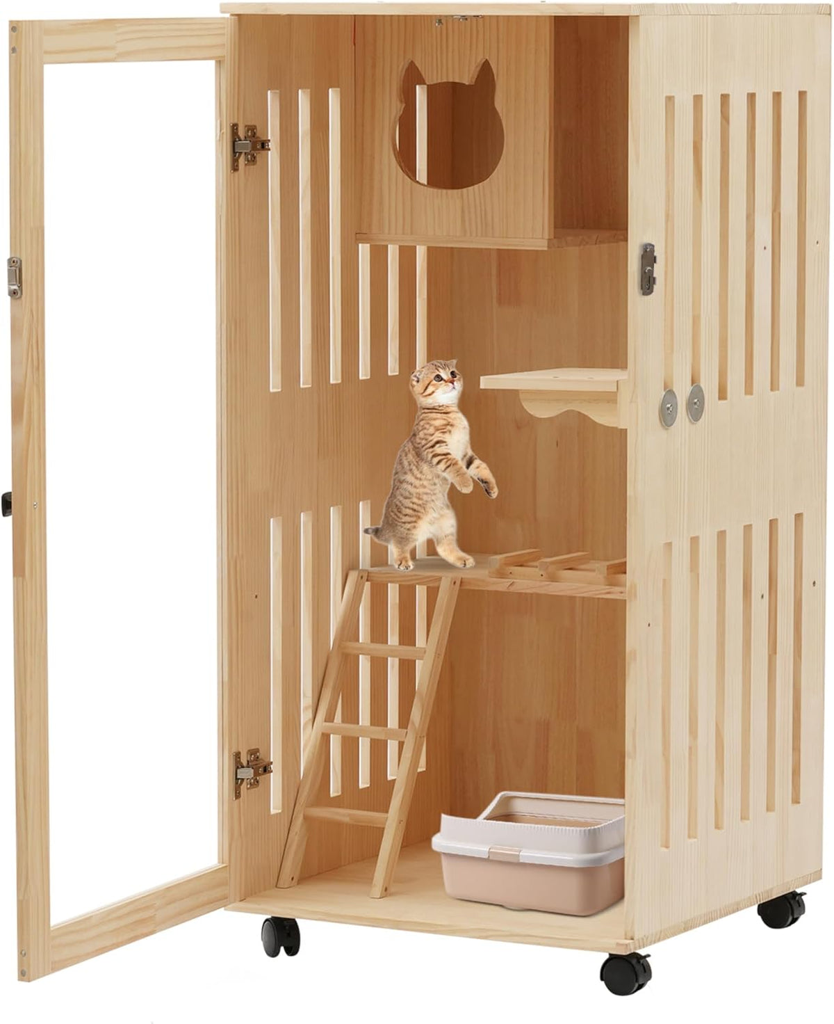 Tall pine wood cat house on wheels with clear door and LED light