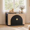 Natural wood fluted litter box cabinet with arched cat entrance – view 2