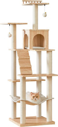 Light brown 70 inch multi-level cat tree with condo, hammock, perches and scratching posts – view 2