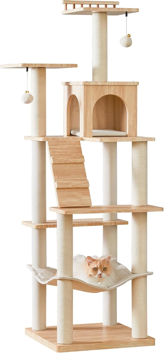 Light brown 70 inch multi-level cat tree with condo, hammock, perches and scratching posts – view 2
