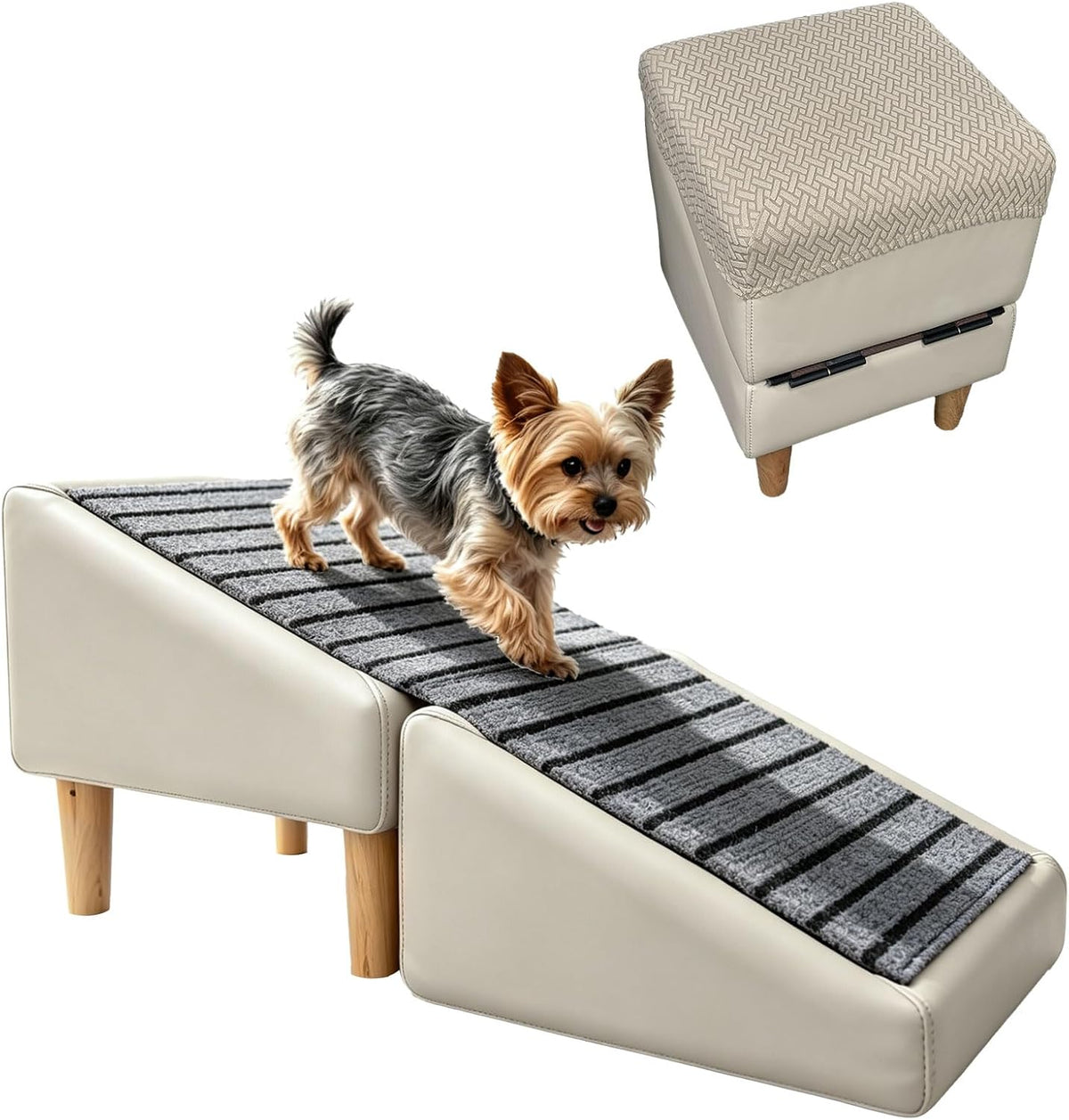 Khaki folding ottoman dog ramp with fabric cover at the side of a couch