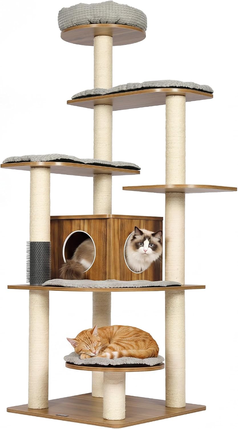 Tall modern wood cat tree with hammock, condo and cushions – view 4