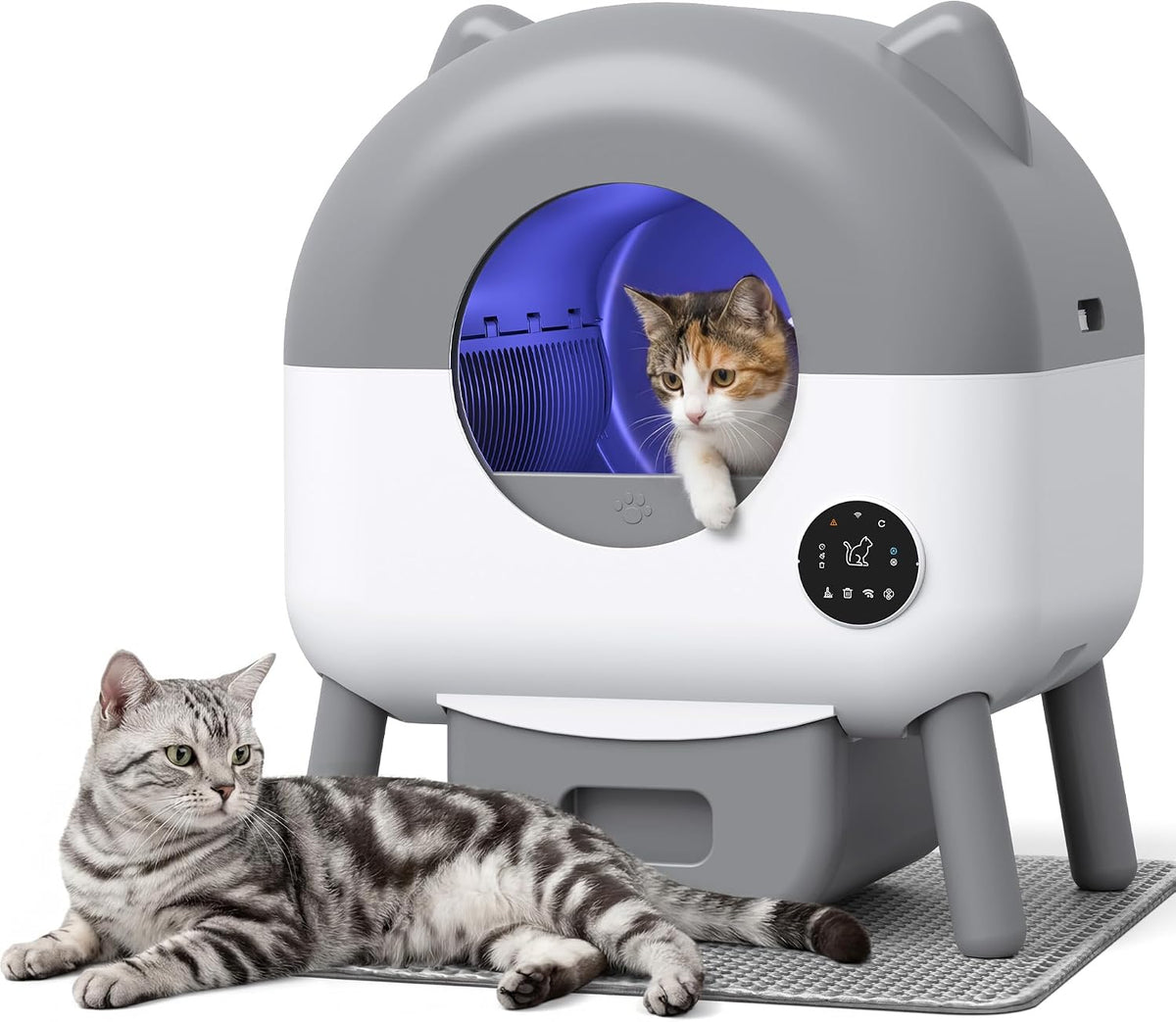 Grey self-cleaning automatic cat litter box with cat-ear top and waste drawer
