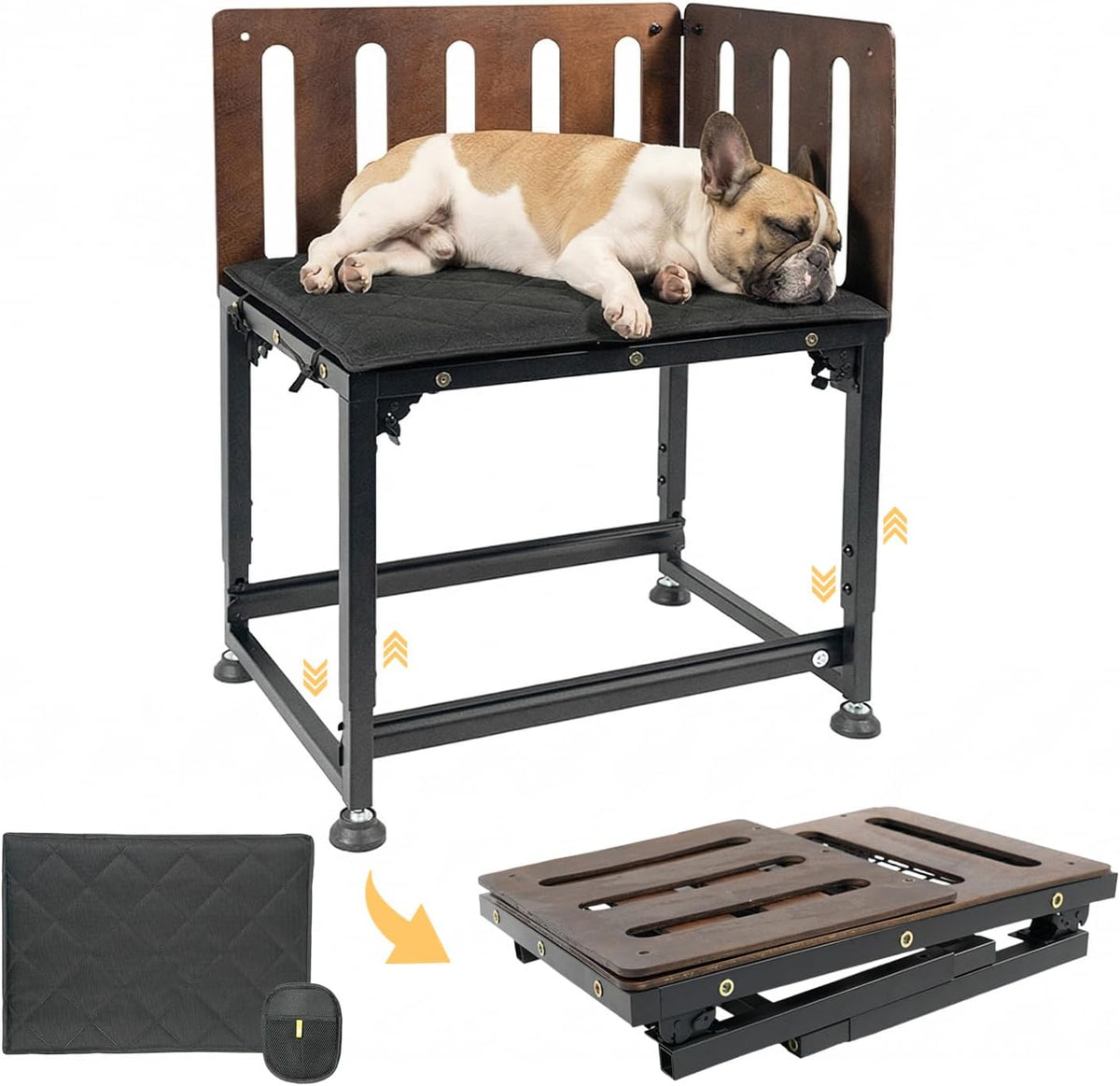 Brown raised bedside dog bed with side panels set next to a mattress – view 2