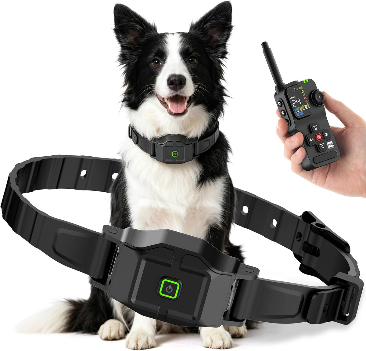 GPS dog fence collar and handheld remote trainer shown side by side