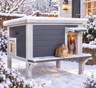 GEGURI Insulated Outdoor Cat House, Weatherproof Wooden Winter Shelter with Escape Door for Multiple Cats