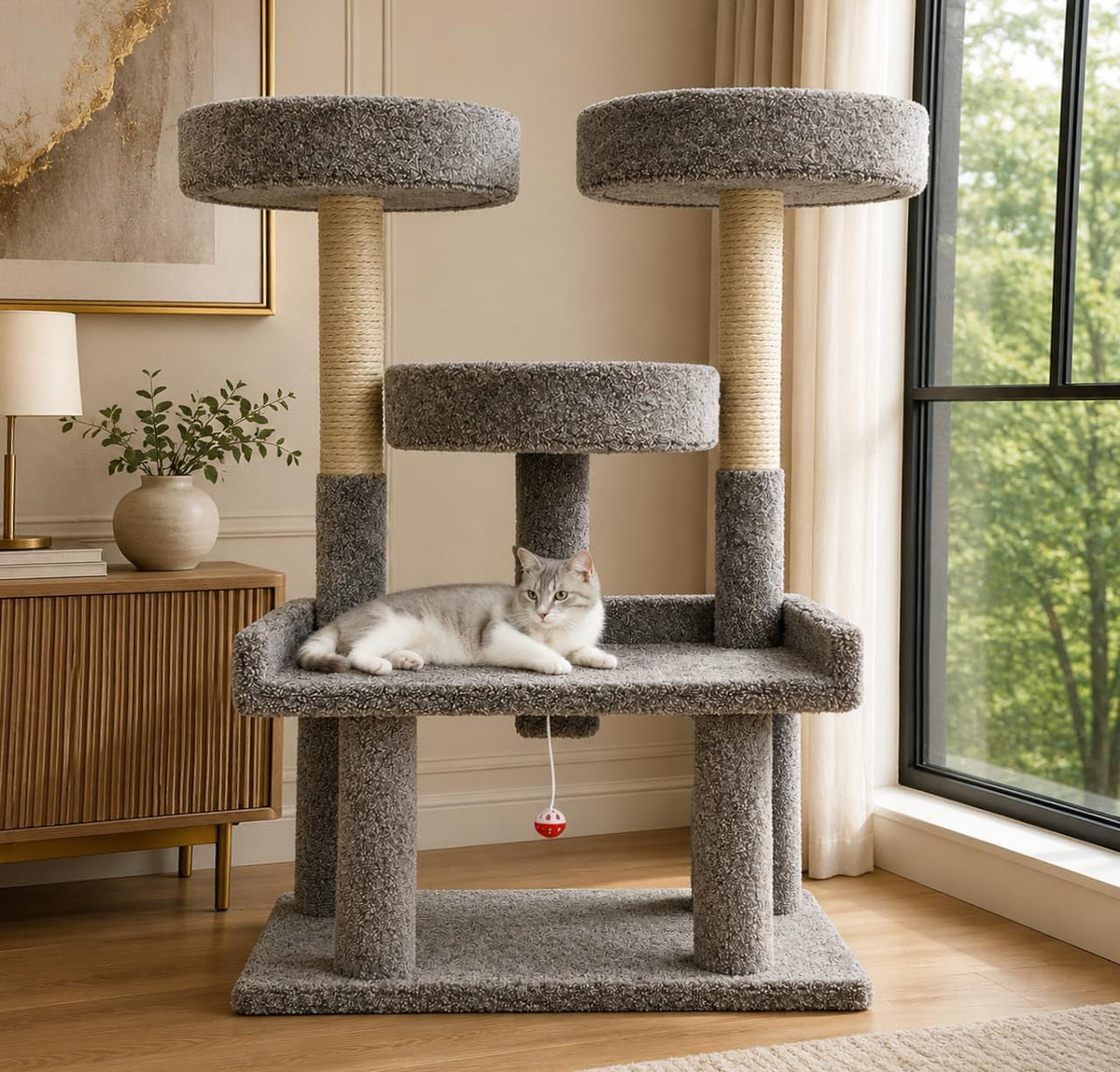 Gray 46 inch carpeted heavy duty cat tree with sisal posts