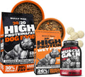 High protein dry dog food bag, dehydrated food and supplement tablet bottle