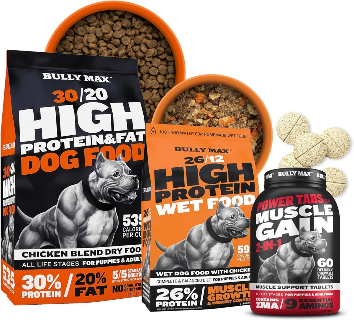 High protein dry dog food bag, dehydrated food and supplement tablet bottle