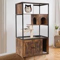 Wooden Cat Tree with Hidden Litter Box Enclosure, Condo, Hammock, Scratching Mat and Storage Shelves, Brown, Large