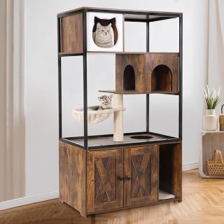 Wooden Cat Tree with Hidden Litter Box Enclosure, Condo, Hammock, Scratching Mat and Storage Shelves, Brown, Large