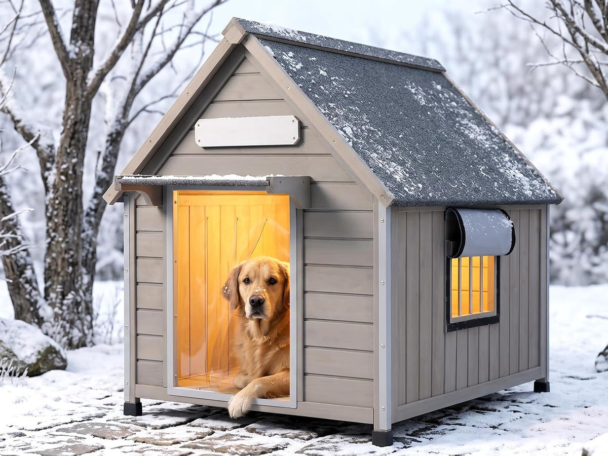 Grey weatherproof wooden outdoor dog house with door flap and vent window
