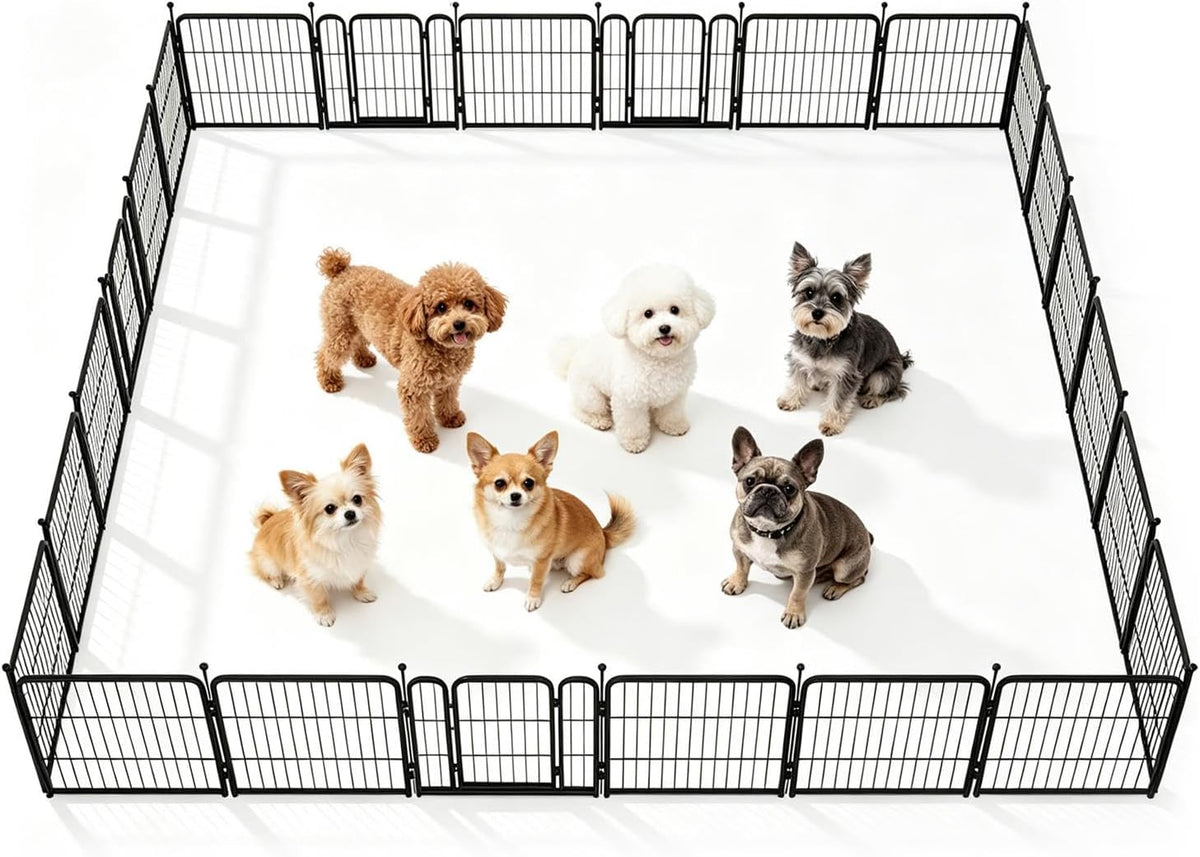 Black metal 24 panel dog exercise pen set up in a yard