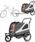 Gray 2-in-1 dog bike trailer with stroller wheel and safety flag