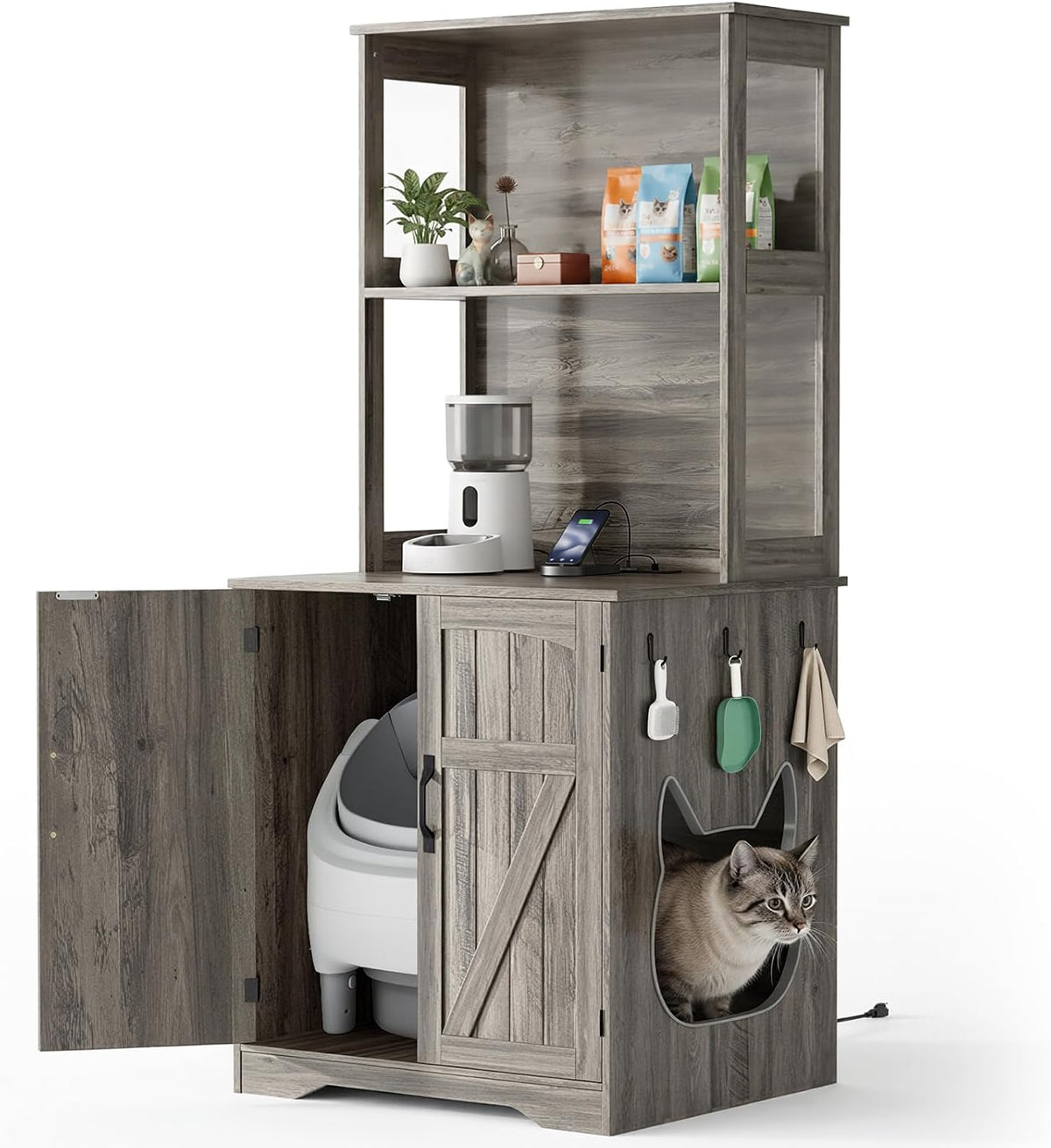 Tall 71 inch litter box enclosure cabinet with storage shelves and magnetic doors