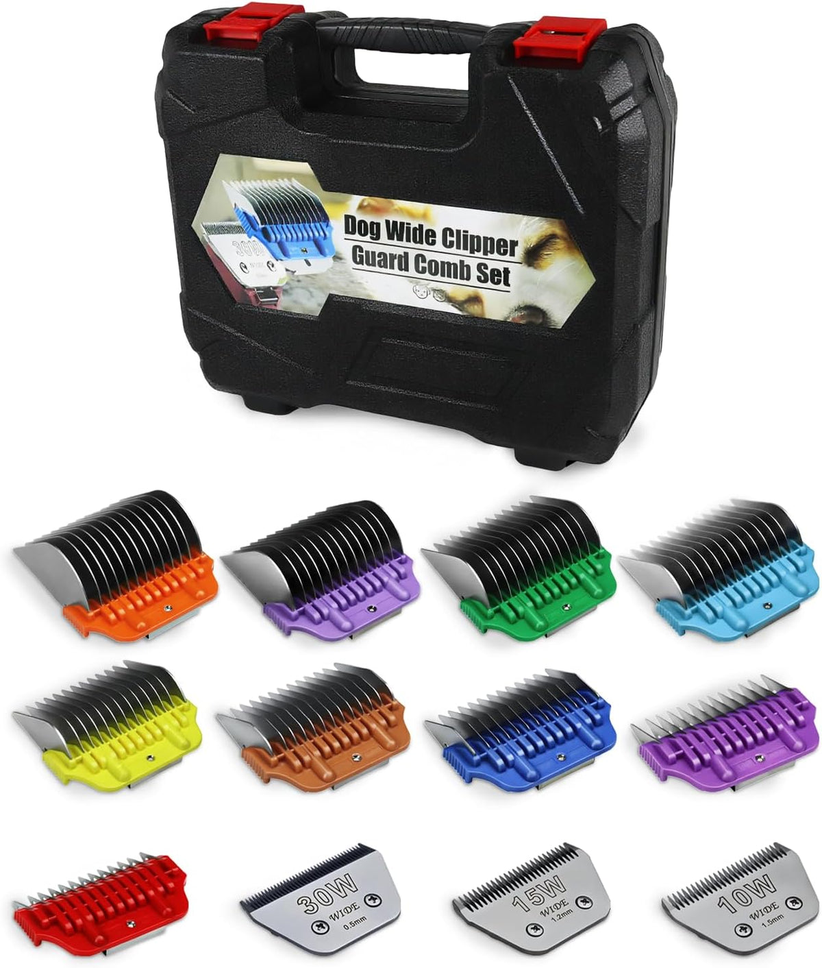 Set of stainless steel snap-on wide guard combs for dog clipper blades