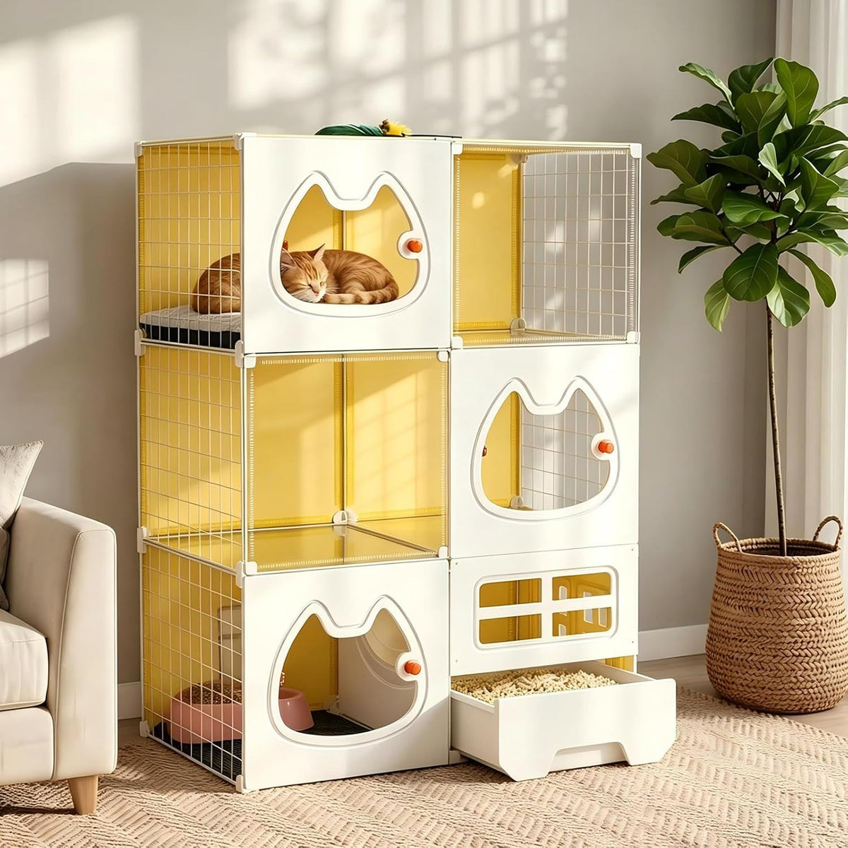 Three tier indoor cat cage playpen with clear door and litter box