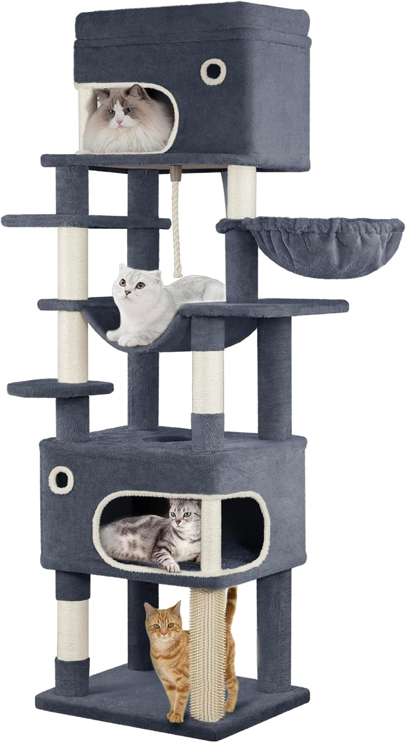 70.1 inch grey multi-layer cat tree with caves, hammock and sisal posts