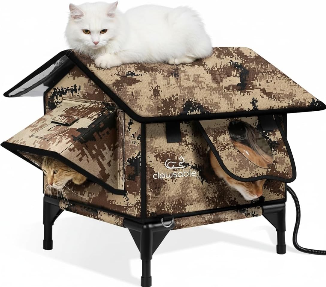 Heated insulated outdoor cat house with gable roof in desert camouflage
