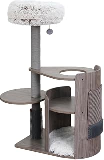 PetPals Modern Cat Tower, Wooden with Recycled Paper Rope Scratching Posts, Sisal Mat and Self-Grooming Massager, Taupe