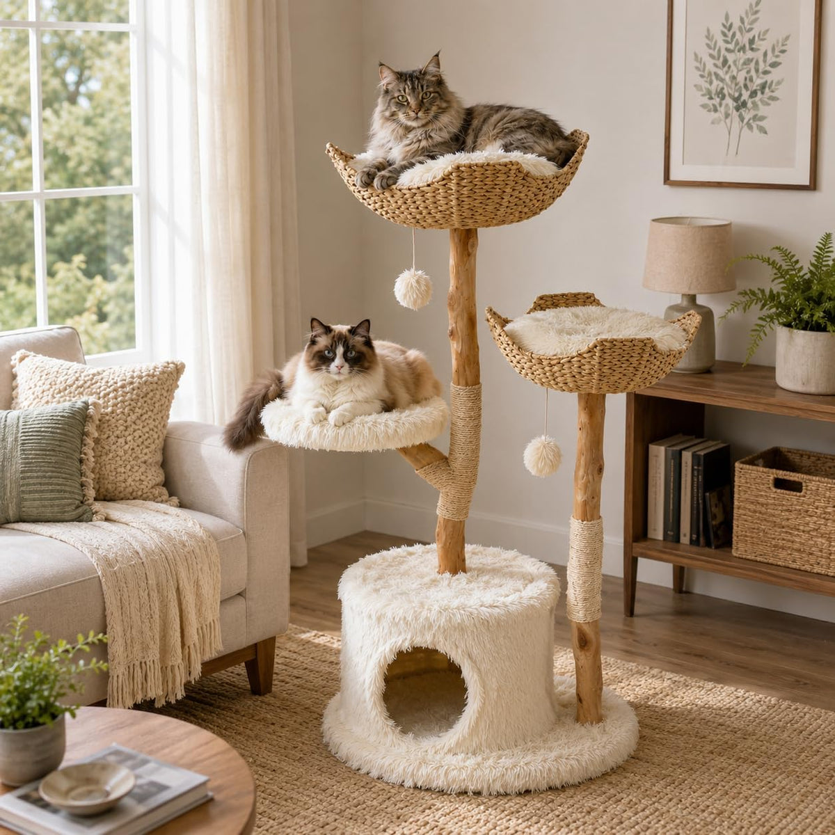 Natural wood cat tree with woven basket beds and condo