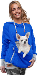 Fleece pet pouch hoodie with small dog in the front kangaroo pocket