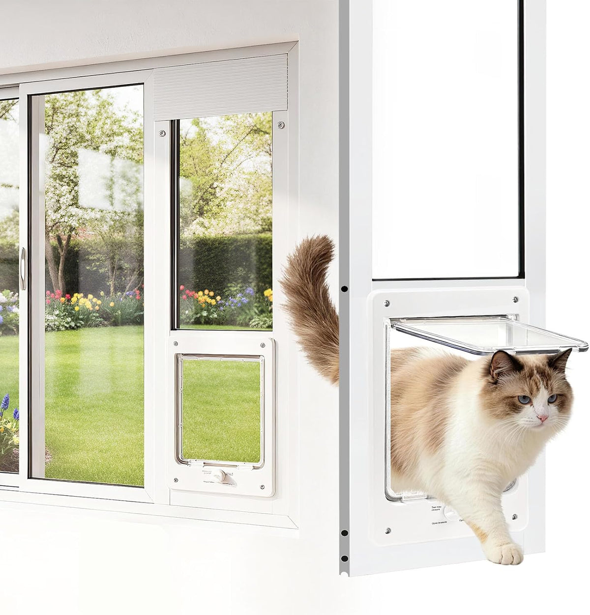 Vertical cat door panel installed in a sliding window
