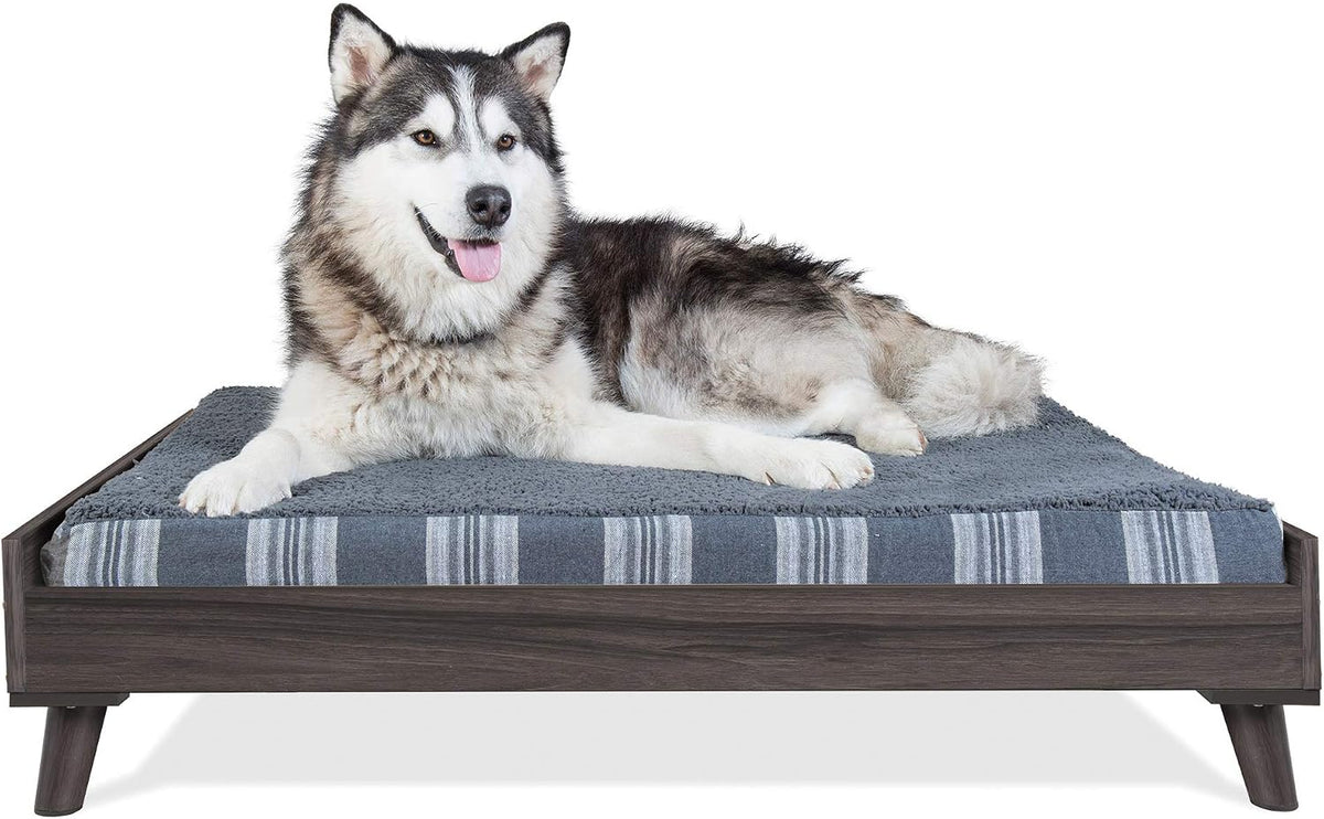 Gray wash wooden mid-century raised dog bed frame