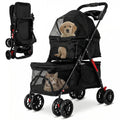 Black double pet stroller with two mesh compartments and four wheels