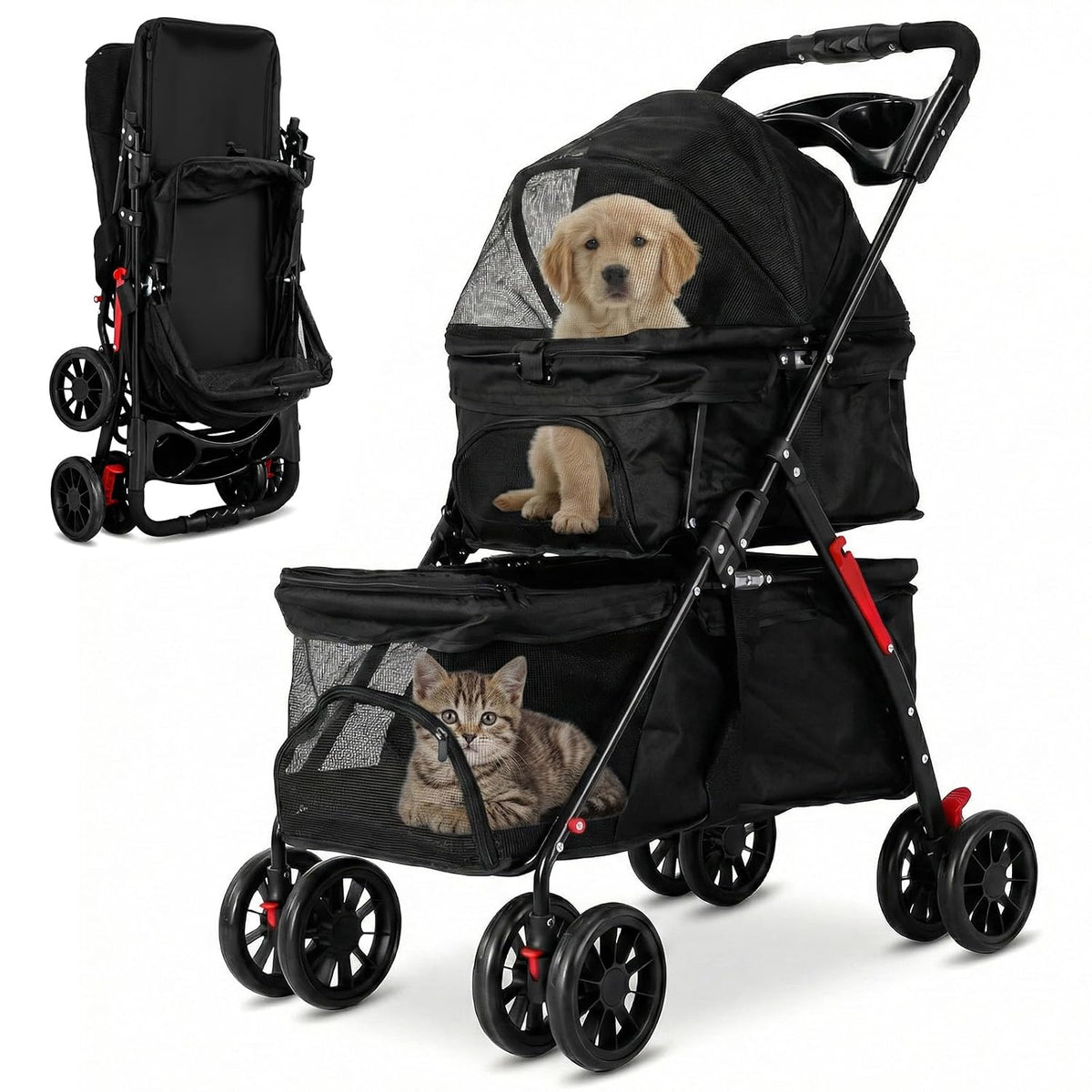 Black double pet stroller with two mesh compartments and four wheels