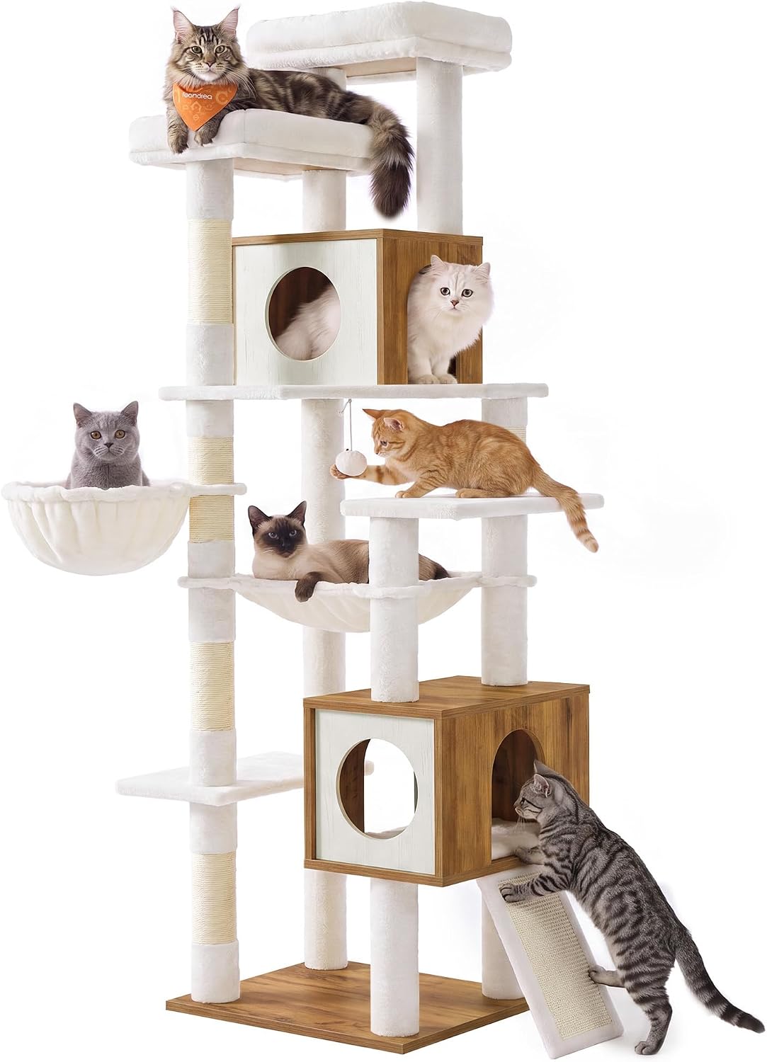 Tall 8-tier wooden cat tree with two condos in honey brown and white