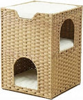 Triple-Layer Indoor Cat House, Hand-Woven PE Rattan Cave, 2 Entrances, 3 Soft Pads, Foldable