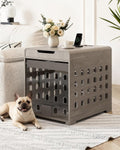 Grey wood dog crate end table with flip-up acrylic door and charging station