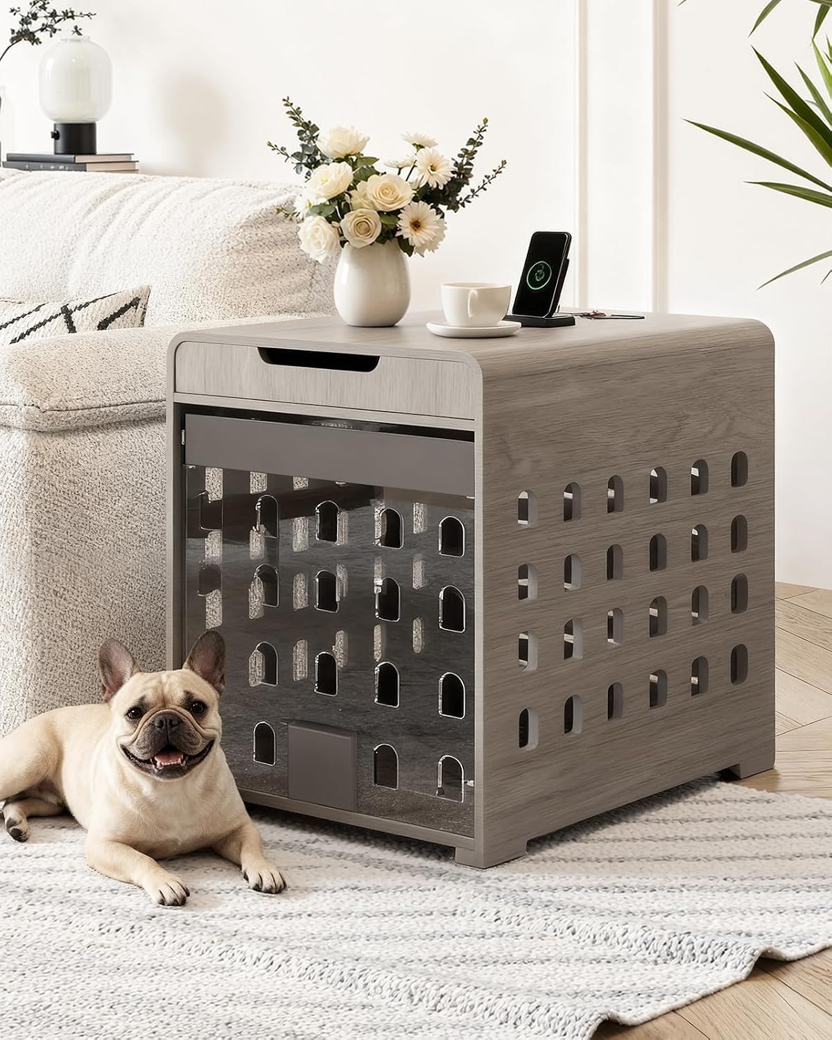 Grey wood dog crate end table with flip-up acrylic door and charging station
