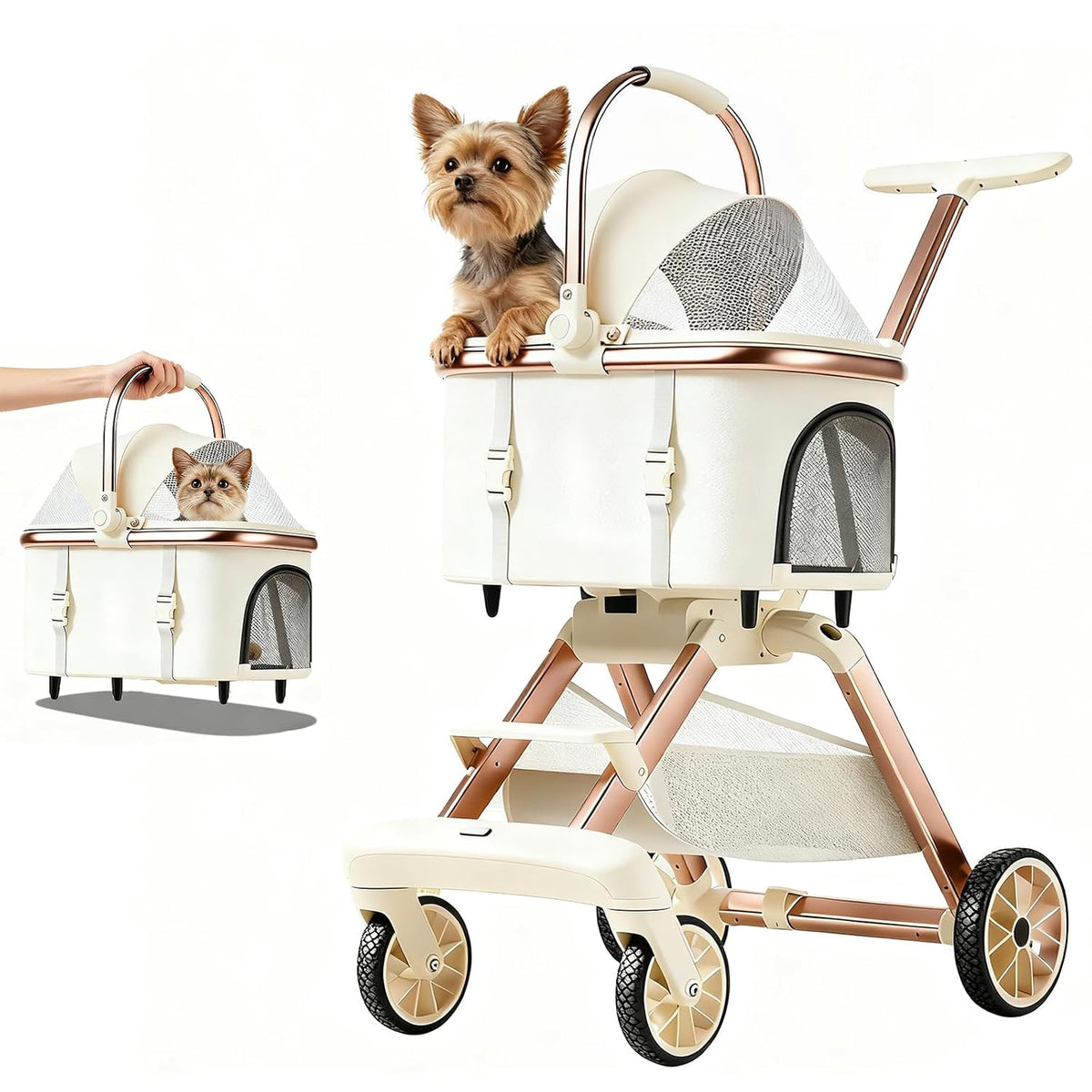 Pink lightweight all-terrain pet stroller with aluminum frame and shock-absorbing wheels – view 4