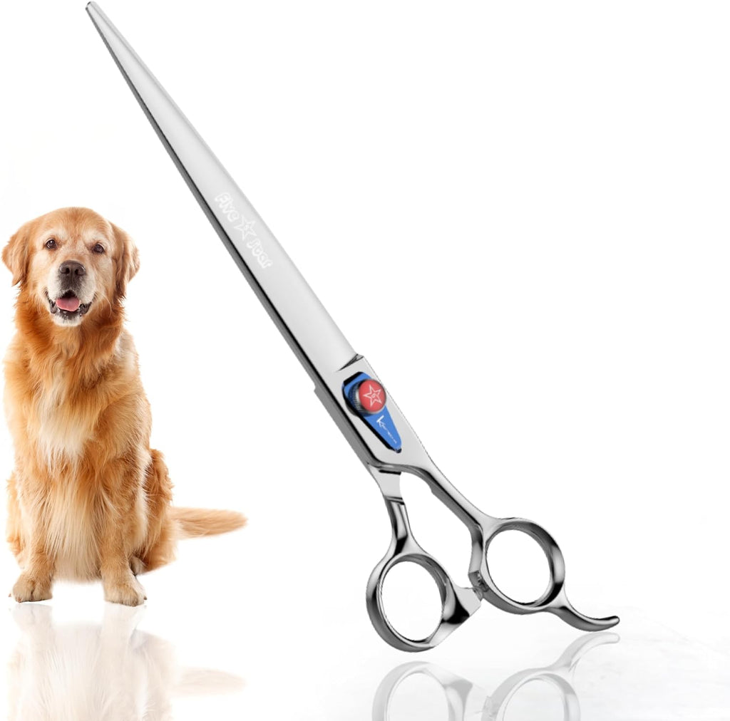 Pair of 8 inch straight stainless steel dog grooming shears with offset handle