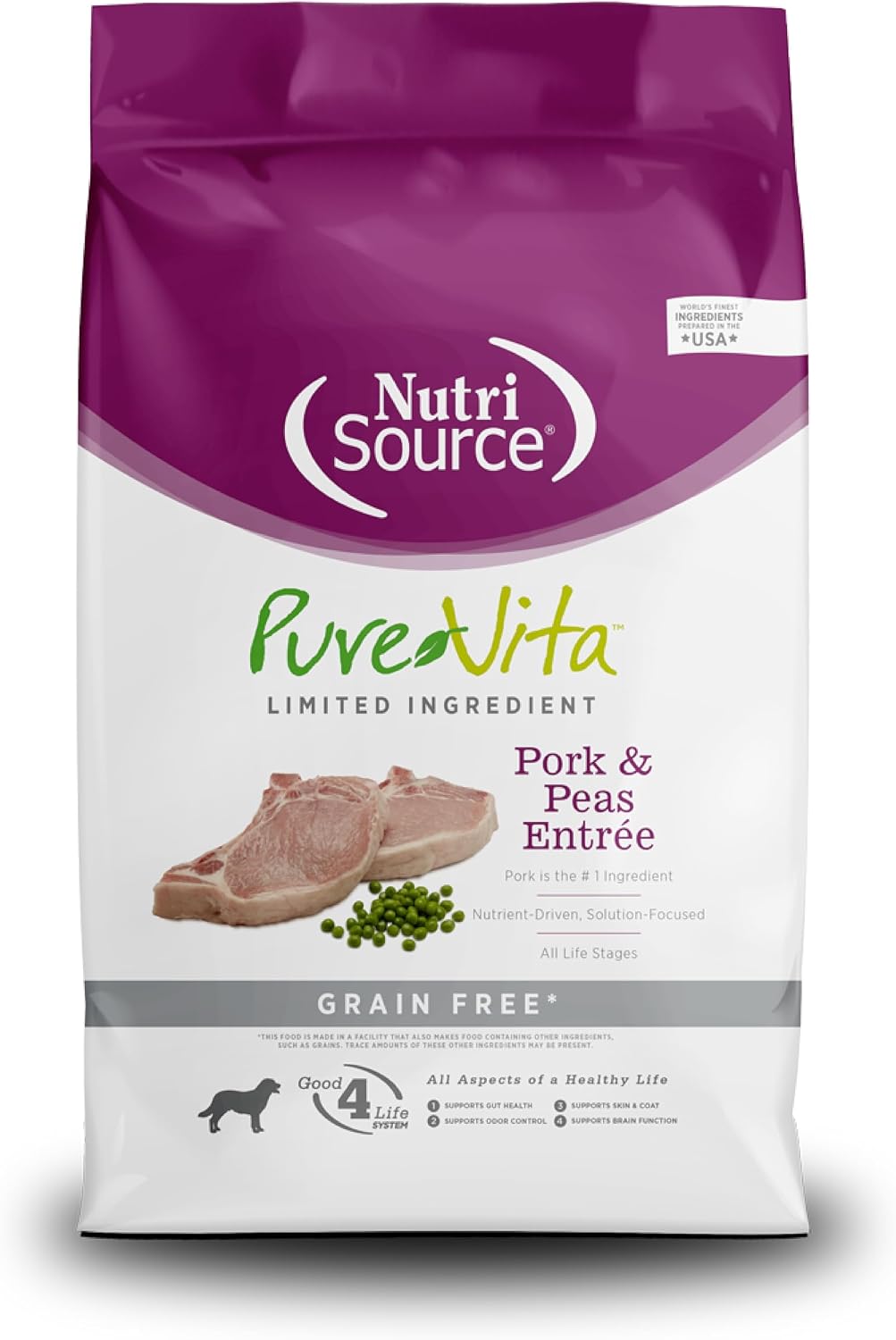 25 lb bag of grain-free pork and pea dry dog food