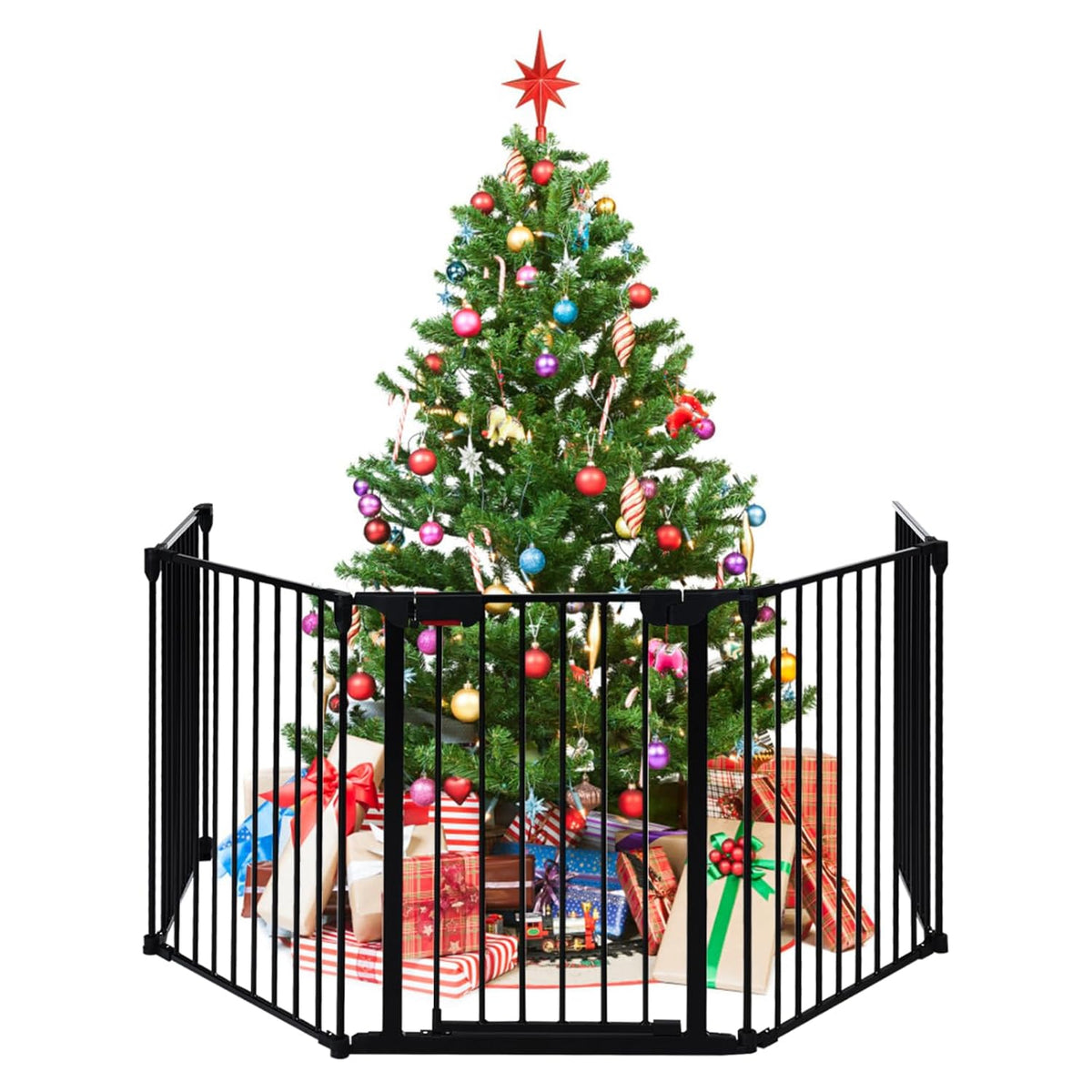 Five-panel metal fireplace fence and pet gate with walk-through door, 121 inches long