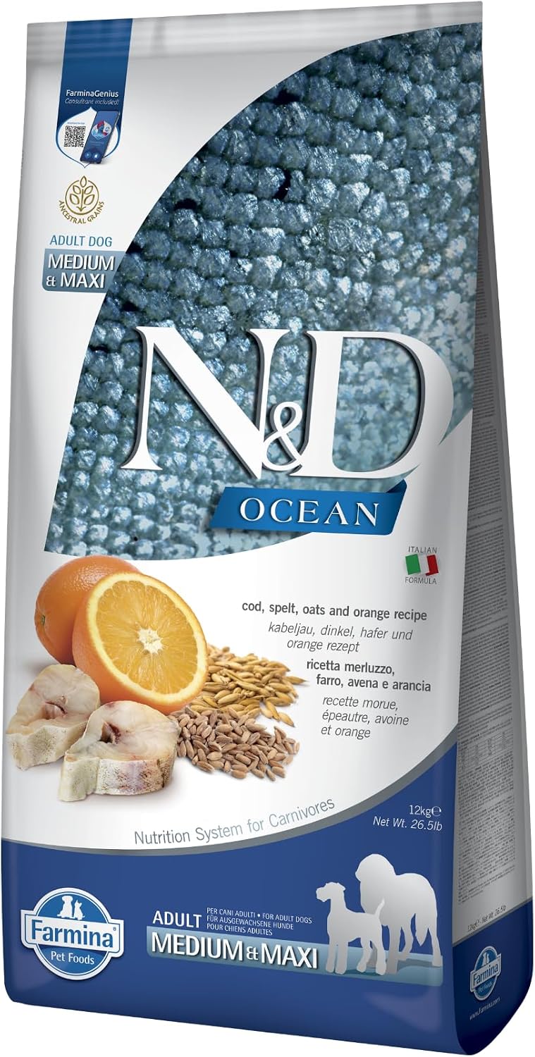 26.4 lb bag of cod and orange dry dog food