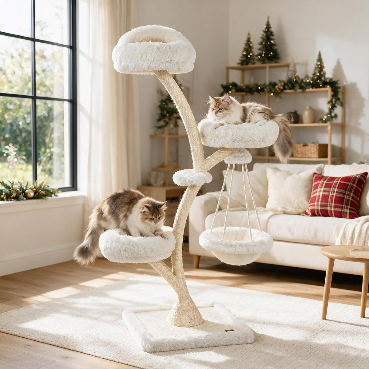 Beige 66.5 inch cat tree with hammock and plush perches