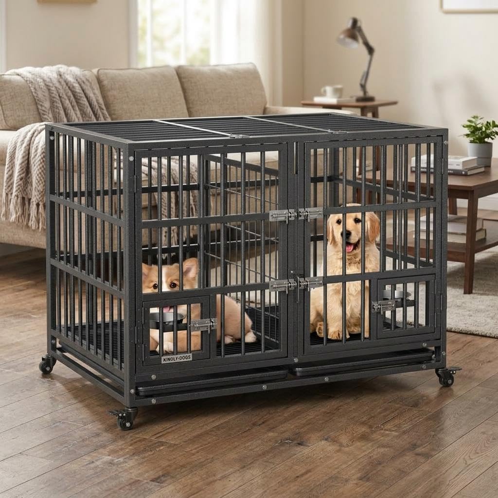 Folding heavy-duty steel dog crate with double doors and removable top cover