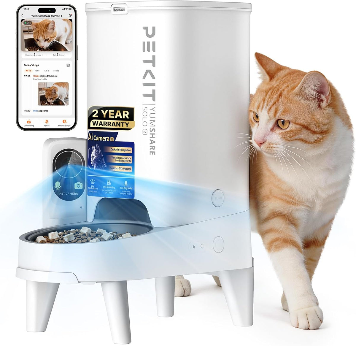 White automatic pet feeder with built-in camera and dual food hopper – view 2